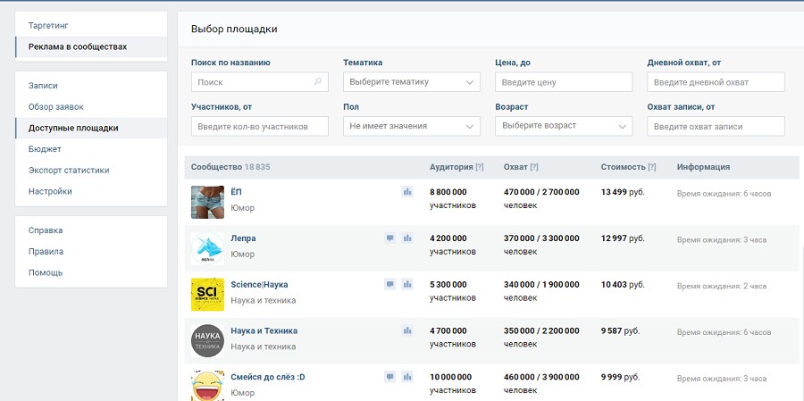 Интерфейс рекламной биржи в сообществах «Вконтакте»